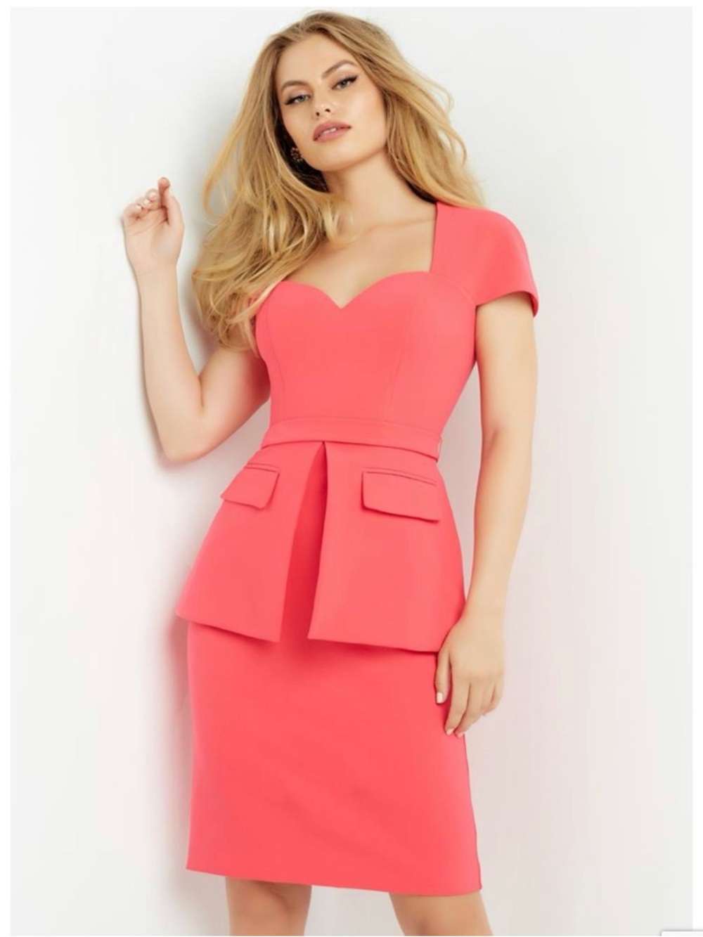 Jovani Coral Pink Peplum Midi Dress